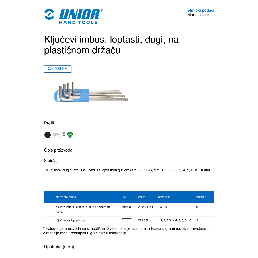 UNIOR GAR IMBUS KLJUČ LOPTAST DUG 1.5-10/9PH 220SL Ecomex