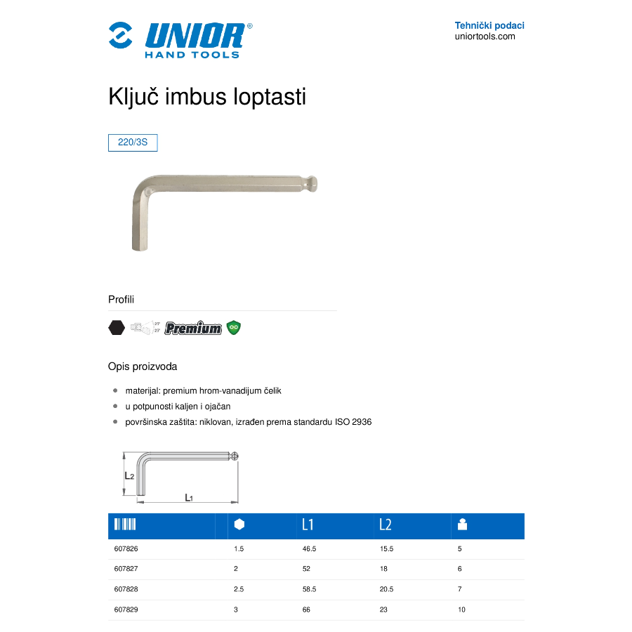 UNIOR KLJUČ IMBUS LOPTASTI 1.5 U220/3S Ecomex