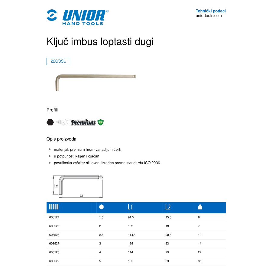 UNIOR KLJUČ IMBUS LOPTASTI DUGI 2 U220/3SL Ecomex