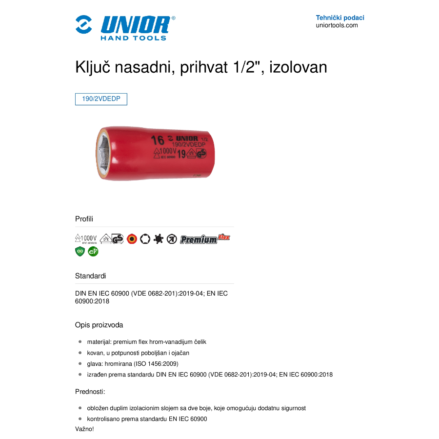 UNIOR KLJUČ NASADNI IZOLOVAN 19 1/2