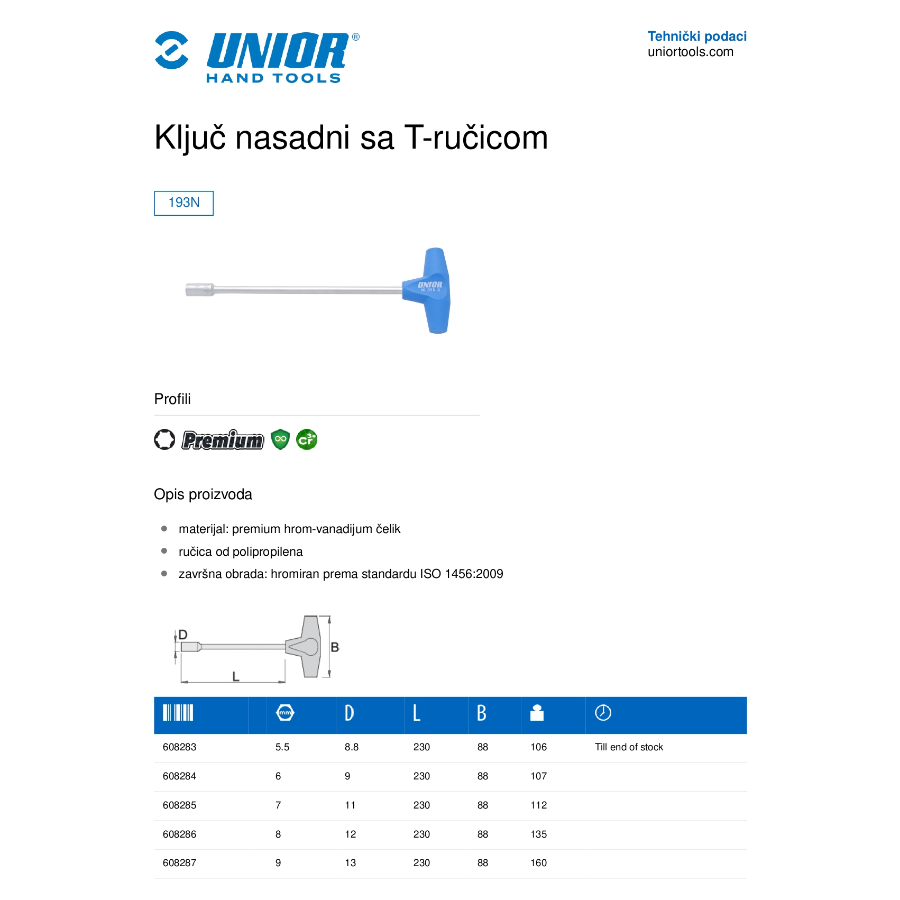 UNIOR KLJUČ NASADNI SA T-RUČICOM 13 U193N Ecomex