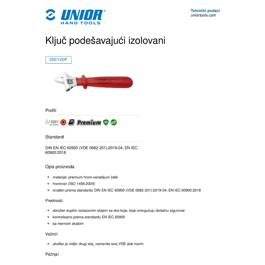 UNIOR KLJUČ PODEŠAVAJUĆI 200 U250/1VDEDP Ecomex