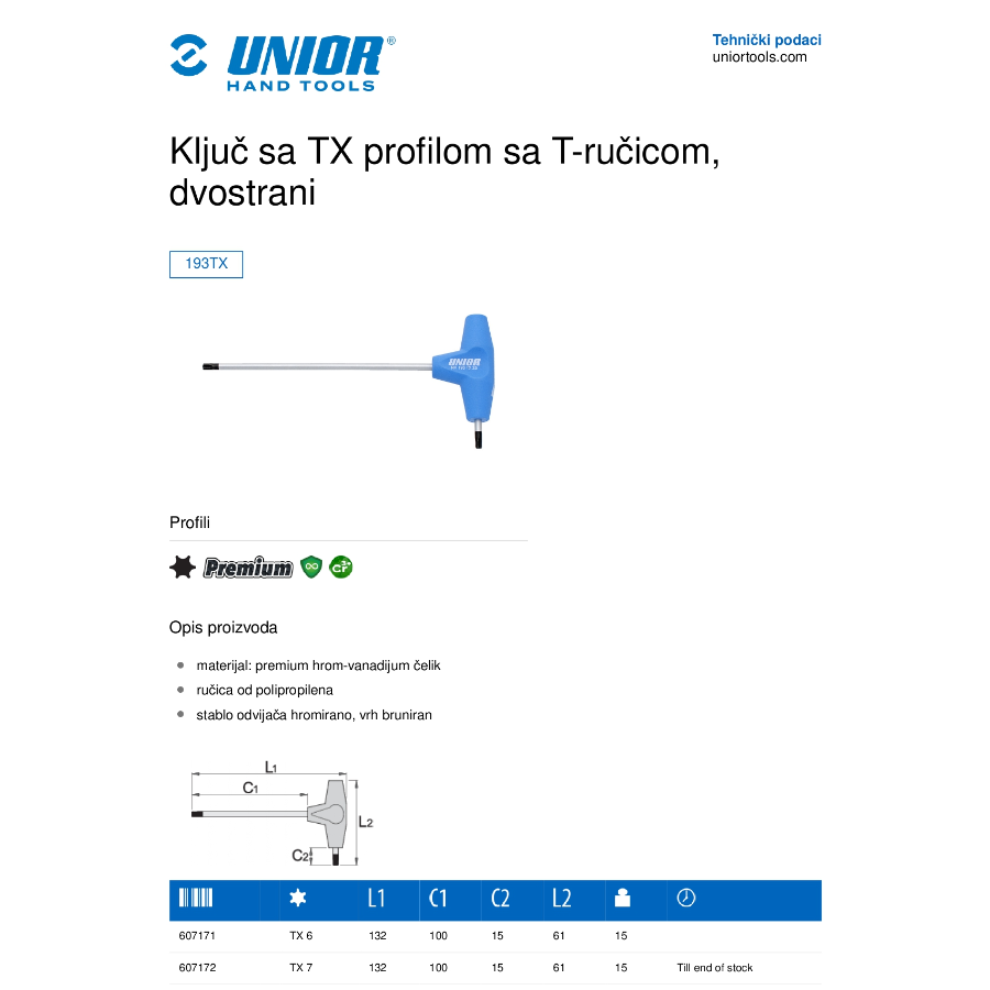 UNIOR KLJUČ SA T-RUČICOM SA TX PROFILOM TX9 193TX Ecomex