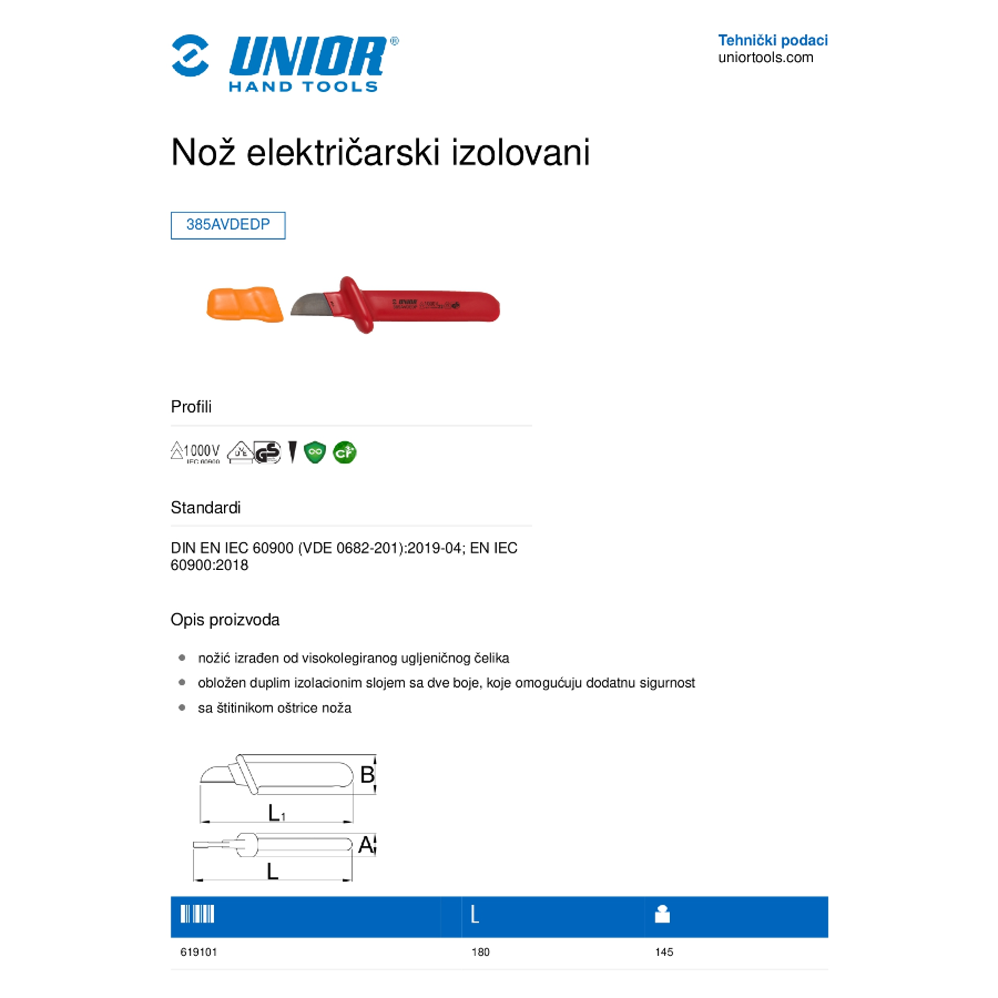 NOZ ZA SKID.IZOL. U385A VDE Ecomex