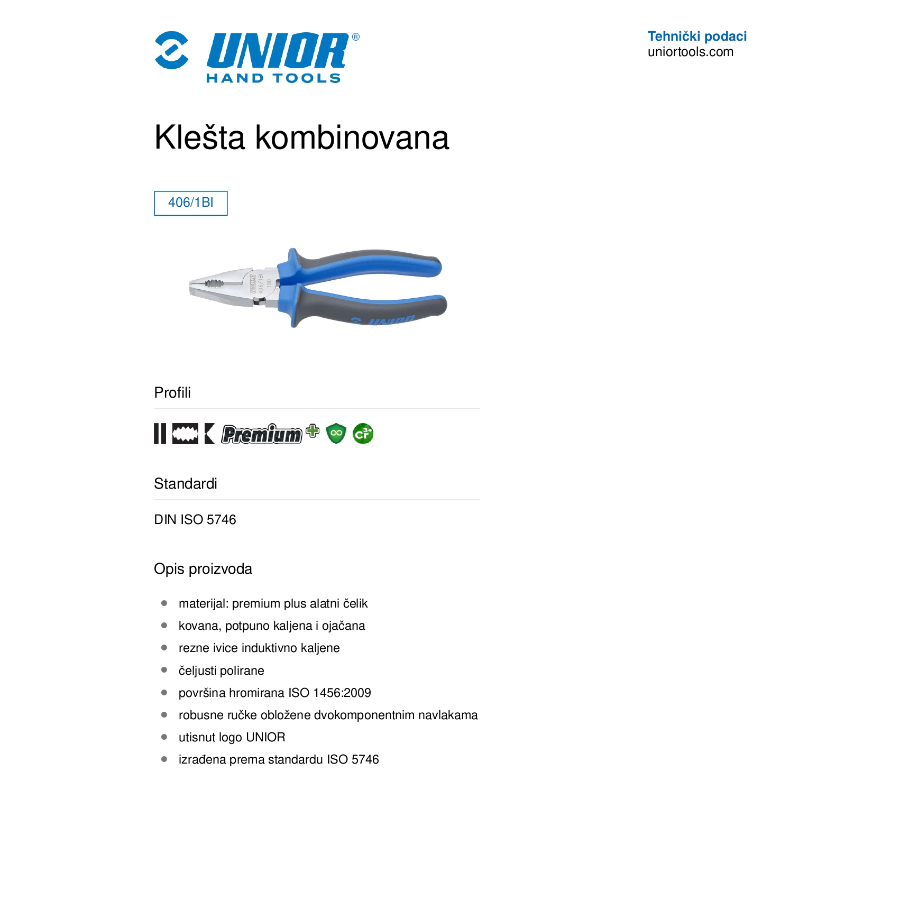 UNIOR KLEŠTA KOMBINOVANA 200 mm U406/1BI Ecomex