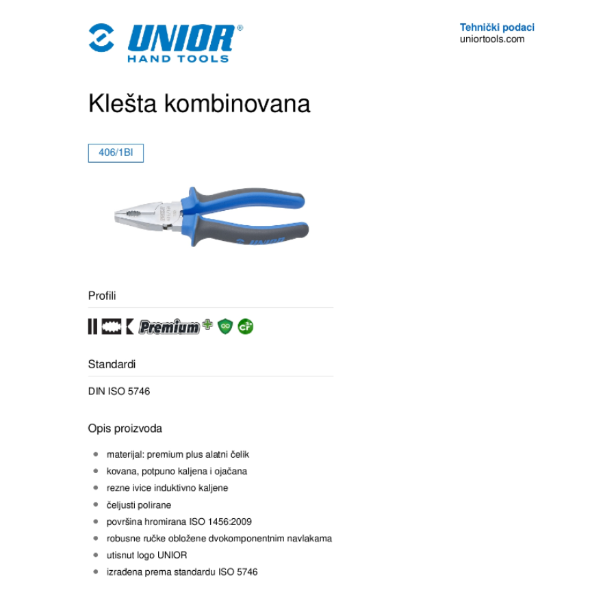 UNIOR KLEŠTA KOMBINOVANA 220 mm U406/1BI Ecomex