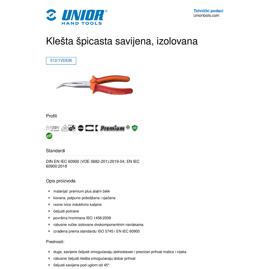 UNIOR KLEŠTA ŠPIC KRIVA 200U512/1VDEBI Ecomex