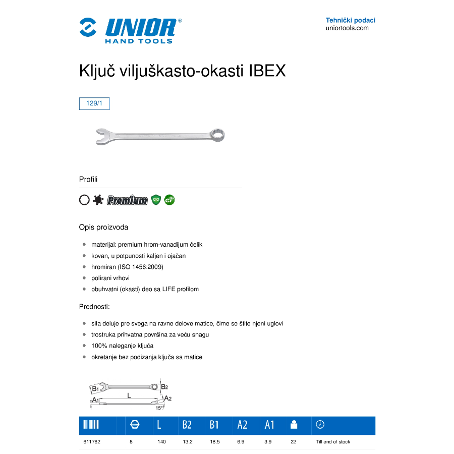 UNIOR KLJUČ VILJUŠKASTO OKASTI IBEX 10 U129/1 Ecomex