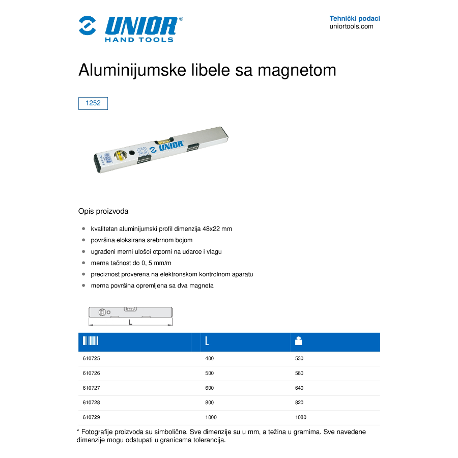 UNIOR LIBELA ALUMINIJUMSKA SA MAGNETOM 800mm 1252 Ecomex