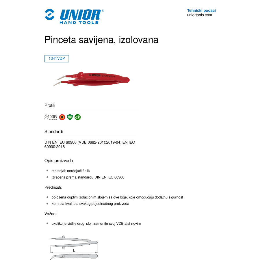 UNIOR PINCETA SAVIJENA IZOLOVANA 150 mm 1341VDEDP Ecomex